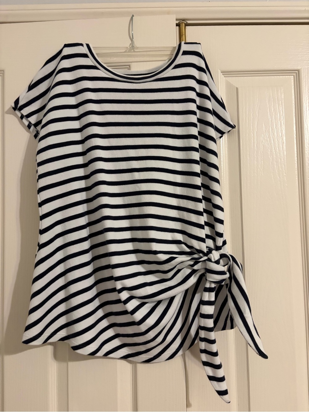 Ann Taylor Weekend Navy and White Striped Side-Tie Tee